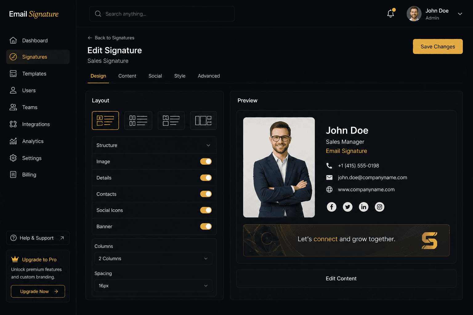 Email signature admin and template customization