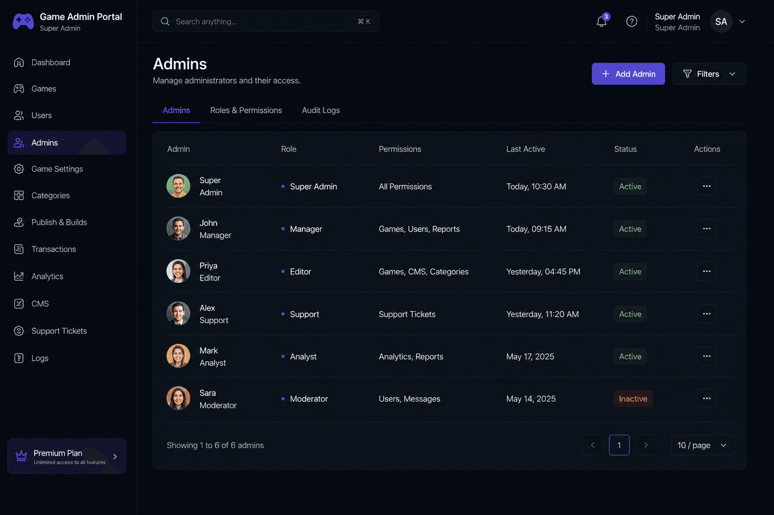 Game Admin Portal admin and roles management