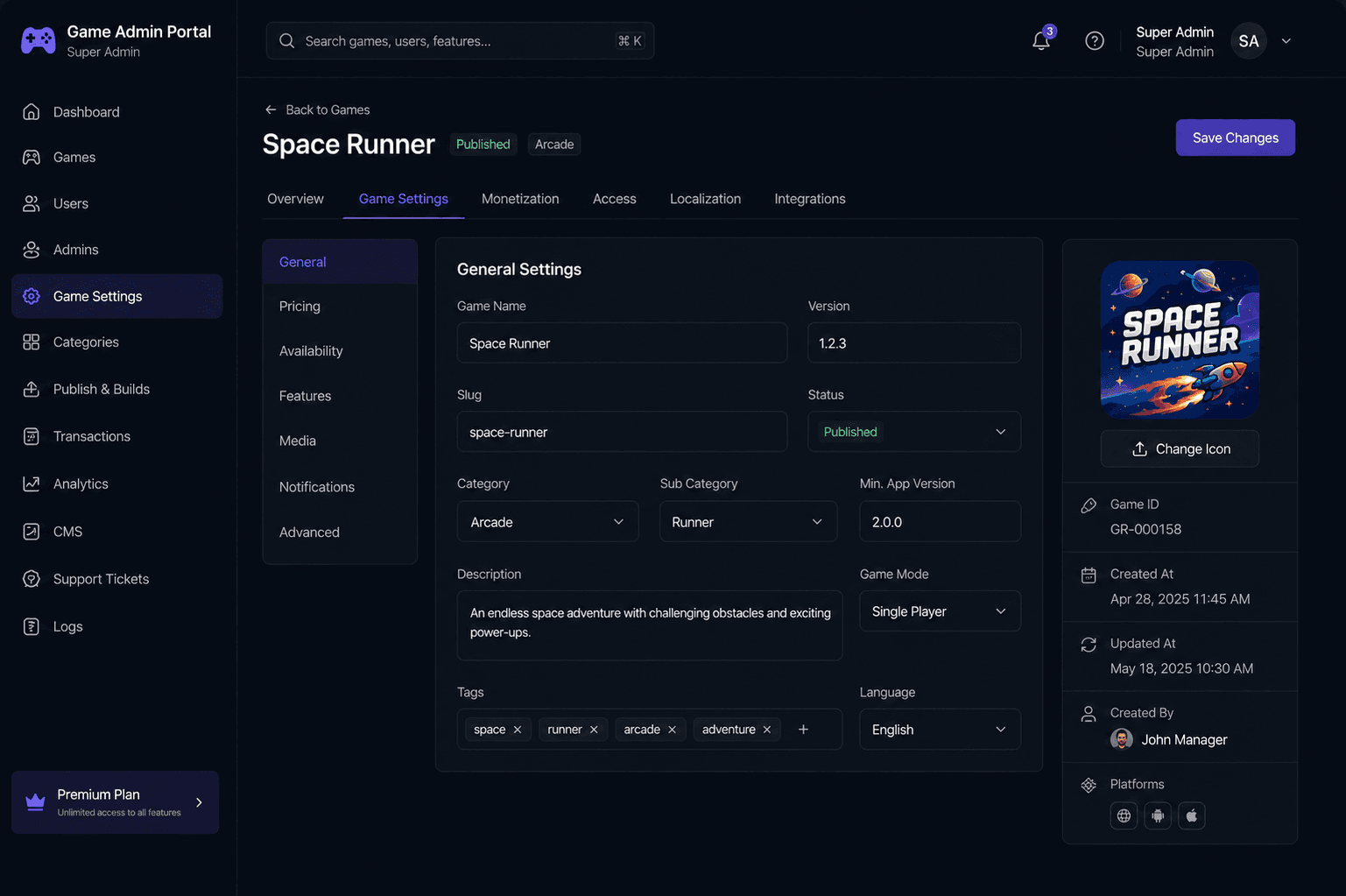 Game Admin Portal game configuration