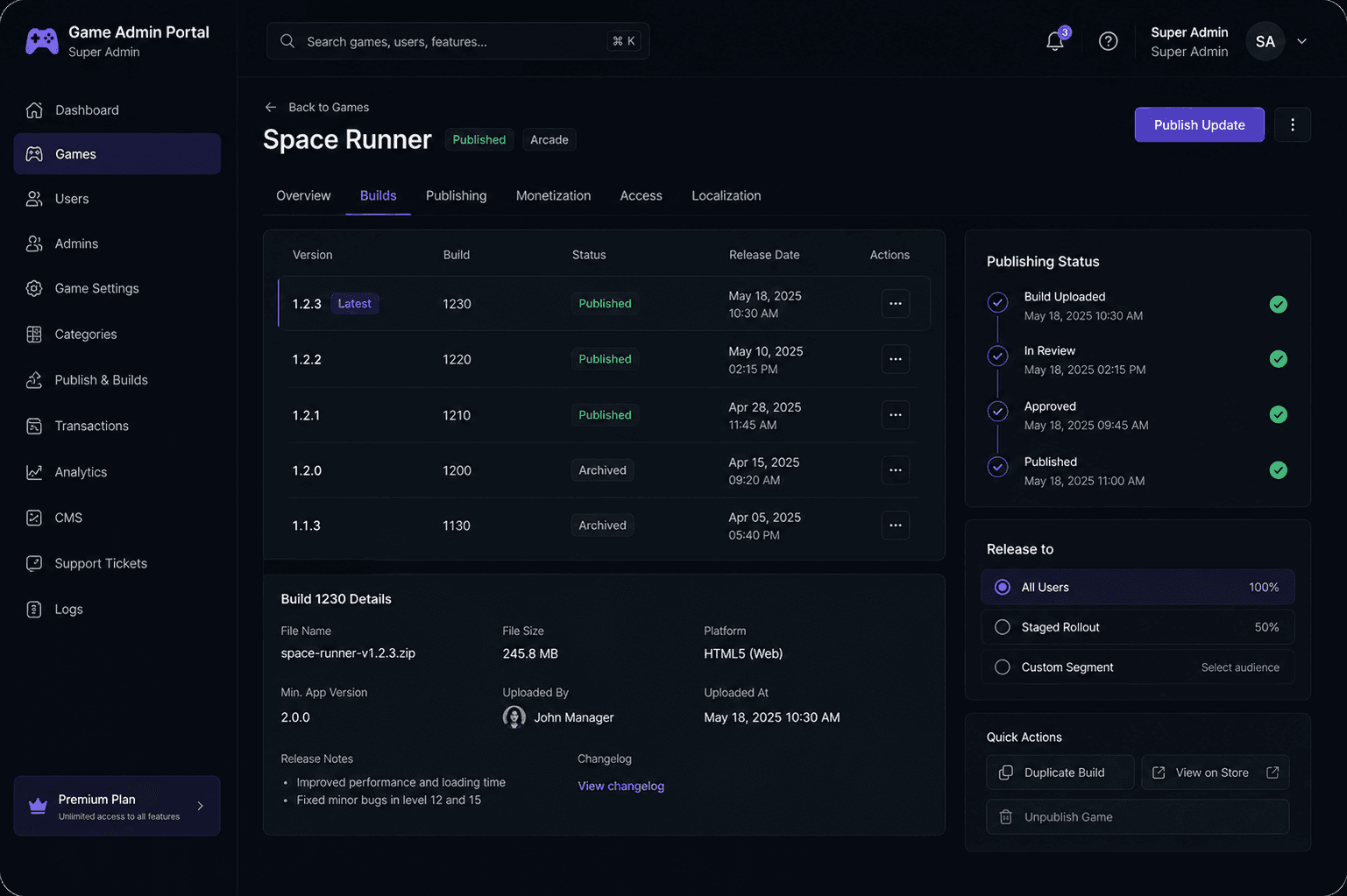 Game Admin Portal game publishing