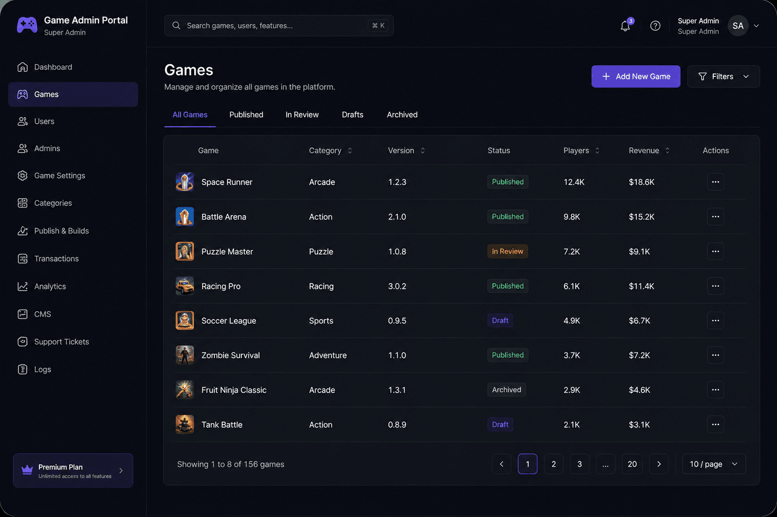 Game Admin Portal game management