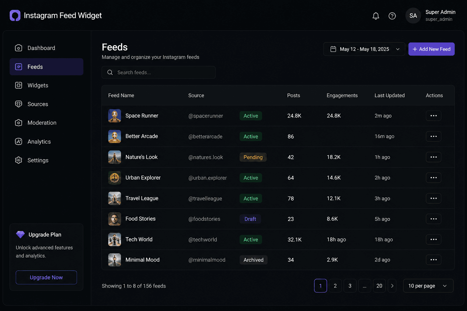 Instagram feed widget feed management