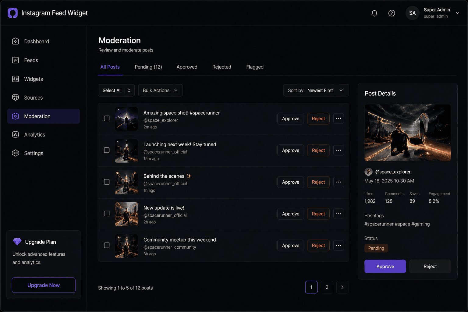 Instagram feed widget admin and post moderation